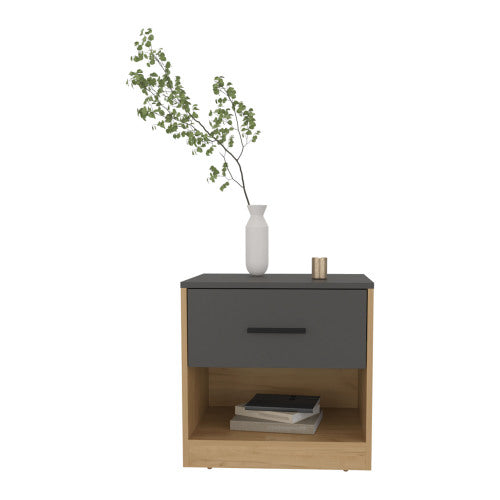 Natural Oak & Matt Gray Nightstand with Cabinet & Shelf