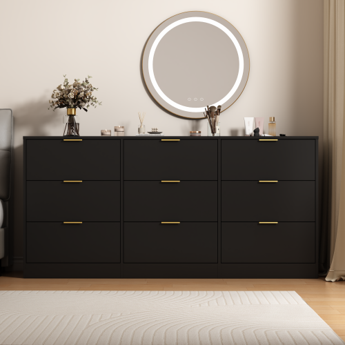 Black 9 Drawer Dresser, 63" Large Deep Chest of Drawers, Wooden Dresser Storage Cabinet with 9 Drawers for Bedroom, Long Dressers for Living Room, Hallway