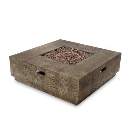 WELLINGTON SQUARE IRON WOOD PATTERN FIRE PIT -50,000 BTU Tank outside