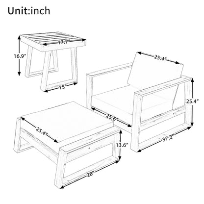 U_STYLE Acacia Wood Outdoor Lounge Set - Chair and Ottoman with Removable Cushions