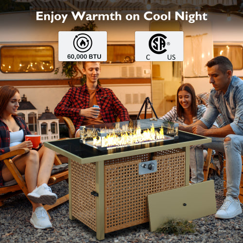 K&K 43" Propane Gas Fire Pit Table, 60000 BTU Rectangular Open Weave Wicker Fire Pit with Glass Wind Guard for Outside Patio Deck Garden Backyard - Orange & Mustard Yellow