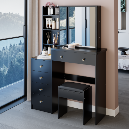 37inch  Middle Size Left Bedside Cabinet Vanity Table + Cushioned Stool, Extra Large Right sliding mirror, Multi Layer High Capacity Storage, Practical Fashionable Dresser, Suitable For Middle Space