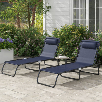 Outsunny Folding Chaise Lounge Pool Chair Set of 2, Patio Sun Tanning Chair, Outdoor Lounge Chair w/ Reclining Back, Pillow, Breathable Mesh & Bungee Seat for Beach, Dark Blue