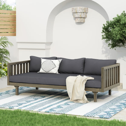 Acacia Wood Patio Furniture Set, Outdoor Grey Finish 3 Seater Daybed(with Water Resistant Thick Cushions)and Round Coffee Table, Dark Grey Cushion
