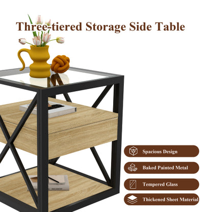 1 piece Modern End Table with Drawer - Nightstand for Bedroom & Living Room, Natural Wood MDF & Tempered Glass Top, Industrial Style Side Table