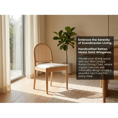 Set of 2 Beige Rattan Back Linen Dining Chairs, Solid Wood Leg Teddy Cushion 275lbs Capacity