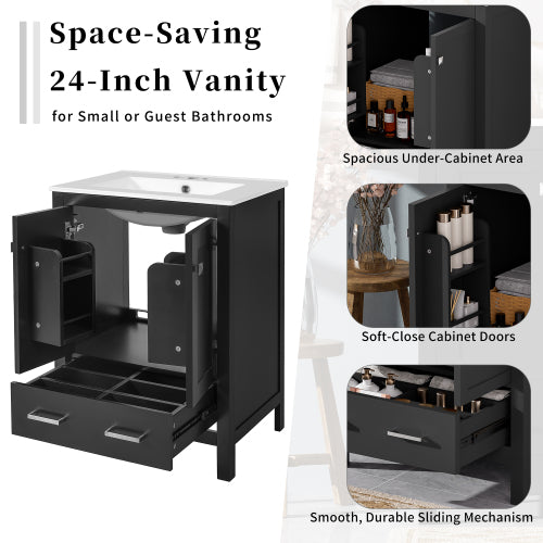 24-inch bathroom vanity with integrated undermount basin and a storage cabinet featuring 2 doors and 1 drawer. Includes double-layer door shelf, soft-close design, and versatile storage solutions