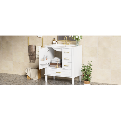 30" Bathroom Vanity with Ceramic Sink, Soft-Close Door with Built-in Shelf, Deep Drawer, Standard Drawer, Long Divider Drawer, Ample Storage Cabinet for Bathroom, Modern & Functional Design