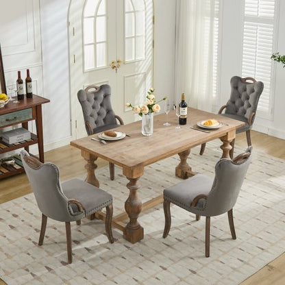 Set of 2 Gray Hand Tufted Velvet Dining Chairs, Solid Wood Handles Vintage Copper Nail Curved Wood Legs