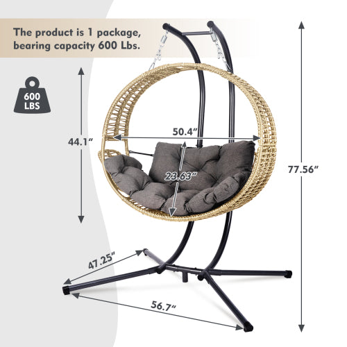 Double Hanging Egg Chair with Stand for Outdoor, Oversized 2 Person Wicker Rattan Swing Chair w/Convertible Armrest for Reclining Seat, All-Weather Cushion and Heavy Duty Frame, 700Lbs Cap. yellow