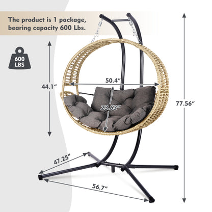 Double Hanging Egg Chair with Stand for Outdoor, Oversized 2 Person Wicker Rattan Swing Chair w/Convertible Armrest for Reclining Seat, All-Weather Cushion and Heavy Duty Frame, 700Lbs Cap. yellow