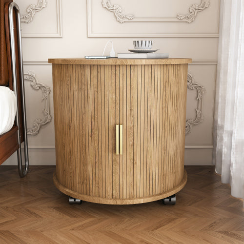 Osk Cylinder Nightstand, Mid-Century Round Side Table with USB Charging & Sliding Door