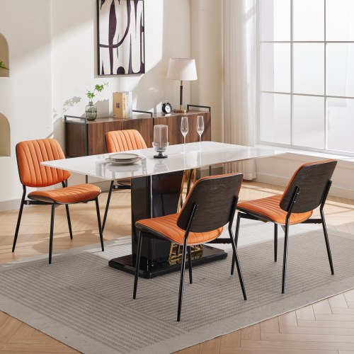 Mid-Century Modern Dining Chairs Set of 2, Orange PU Upholstered Chair with Walnut Bentwood Back & Metal Legs