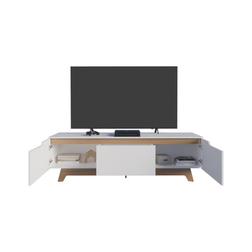 65 Inch White Ash Two-Tone Low Profile TV Stand with Dual Cabinets & Cable Cutouts