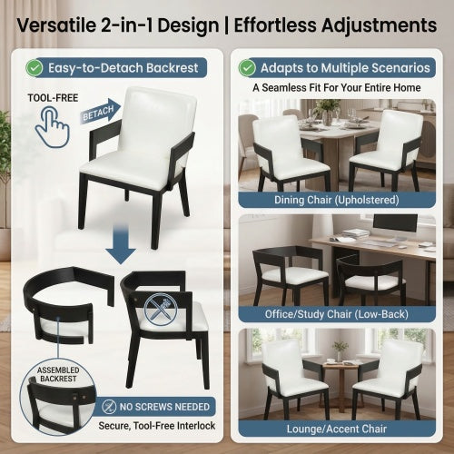 Set of 2 Modern Dining Chairs, Black Hardwood Frame with White Glossy PU Leather Upholstery