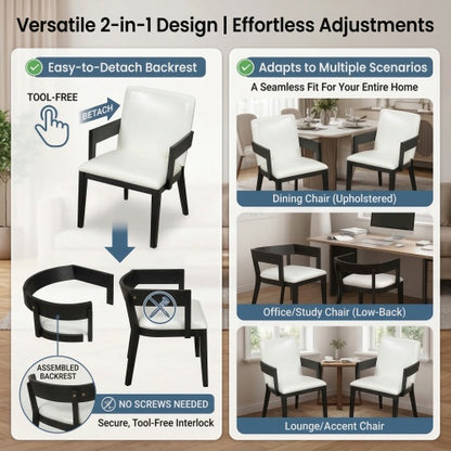 Set of 2 Modern Dining Chairs, Black Hardwood Frame with White Glossy PU Leather Upholstery
