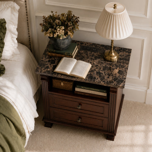 Walnut Tall Nightstand with Charging Station, Marble Grain 2-Drawer Bedside Table for Bedroom & Living Room