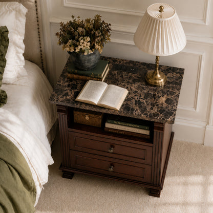 Walnut Tall Nightstand with Charging Station, Marble Grain 2-Drawer Bedside Table for Bedroom & Living Room