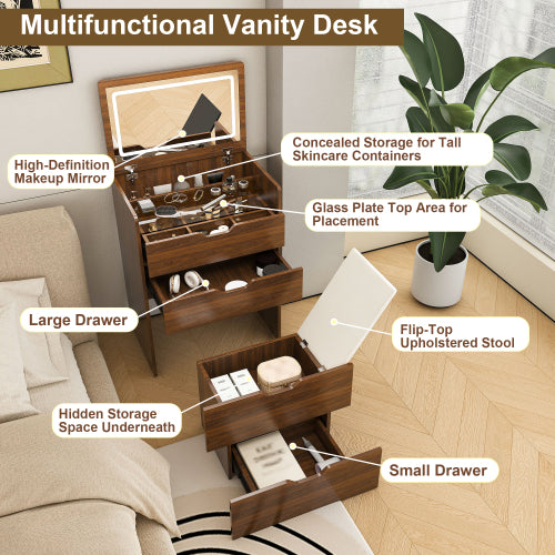 Walnut 3-in-1 Flip-Top LED Vanity Desk 23 inch L, HD Shatter Resistant Mirror & Storage Stool