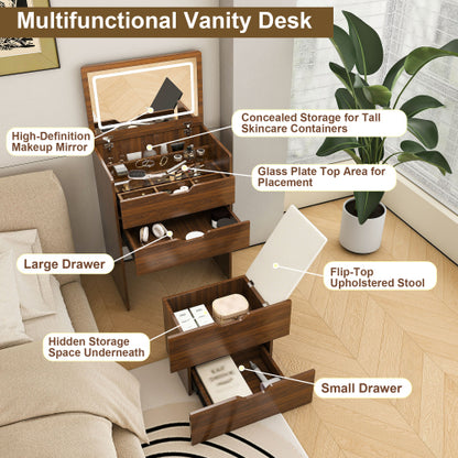 Walnut 3-in-1 Flip-Top LED Vanity Desk 23 inch L, HD Shatter Resistant Mirror & Storage Stool