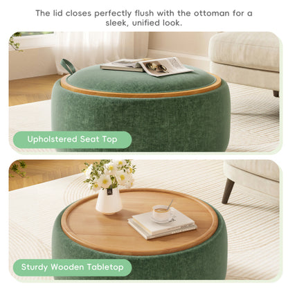 29 Inch Green Chenille Round Storage Ottoman, Reversible Tray Lid Ottoman with Rubberwood Base, No Assembly Needed