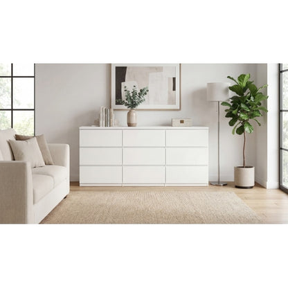 9 Drawer Dresser with No Handle Design, Modern White Matte Wood Dresser for Bedroom, Storage Chest of Drawers for Living Room, Hallway, Entryway