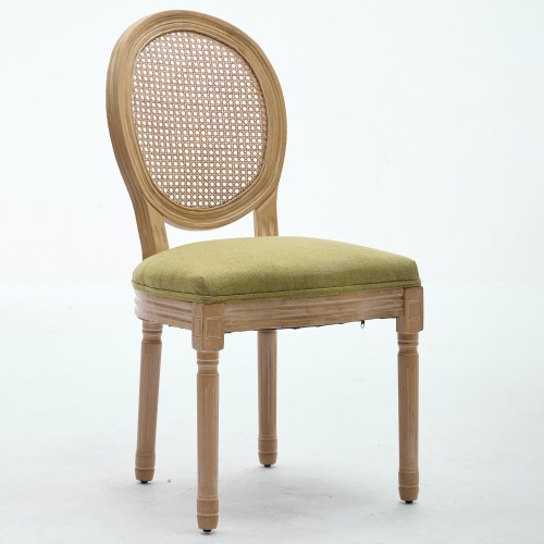 Set of 2 Olive Green French Solid Wood Rattan Back Dining Chairs, Antique Carved Frame 300 LBS Capacity