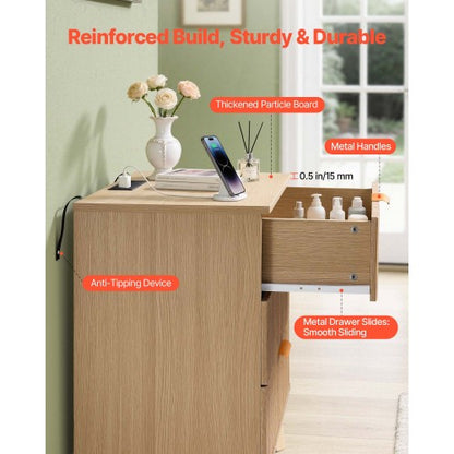 Khaki Mid-Century Fluted Nightstand with Charging Station