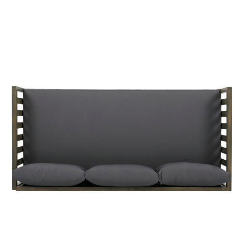 Acacia Wood Patio Furniture Set, Outdoor Grey Finish 3 Seater Daybed(with Water Resistant Thick Cushions)and Round Coffee Table, Dark Grey Cushion