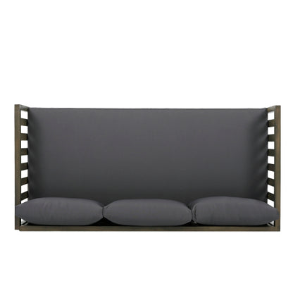 Acacia Wood Patio Furniture Set, Outdoor Grey Finish 3 Seater Daybed(with Water Resistant Thick Cushions)and Round Coffee Table, Dark Grey Cushion