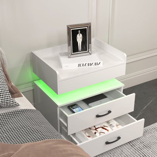 LED Nightstand with 2 Drawers and Adjustable Light Strip, Modern Bedside Storage Table