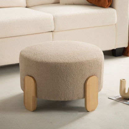24.8 inch Round Soft Fabric Ottoman, Natural Wood Leg Multifunctional Footrest Extra Seat for Home Office