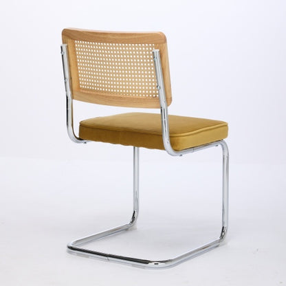 Set of 2 Golden Cane Back Cantilever Dining Chairs, Velvet Upholstered Chrome Double Steel Pipe Base 360 LBS Capacity