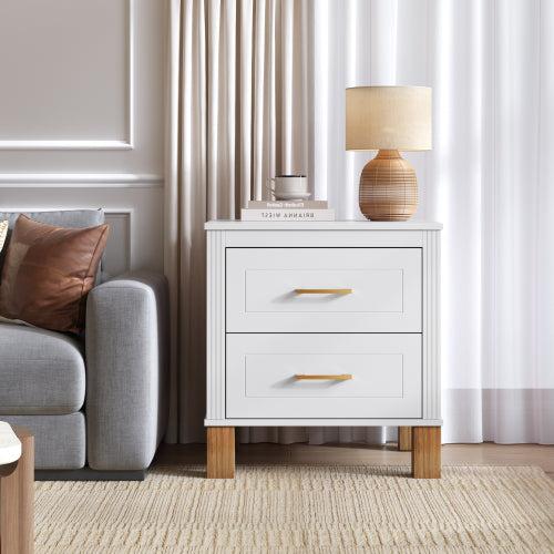 White Fluted Nightstand, 2-Drawer Bedside Table with Metal Handles & Solid Wood Legs