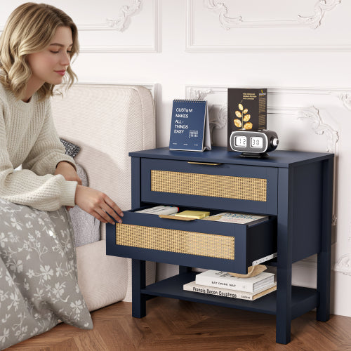 Boho Rattan Nightstand with 2 Drawers & Open Shelf