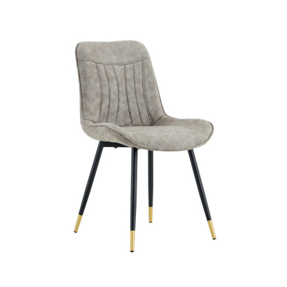 Set of 2 Gray Leathaire Tech Fabric Dining Chairs, Black Semi-Gloss Metal Leg Gold Trim Adjustable Non-Slip Feet Vertical Stitch High Back