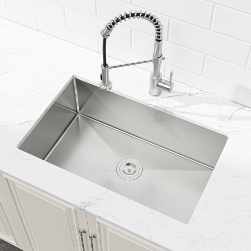 Stainless Steel Kitchen Sink, 30″x19″ Drop In Single Bowl, Undermount Handmade Sink in Brushed Nickel, with US Standard Drain and Hook, LS-SSBR05