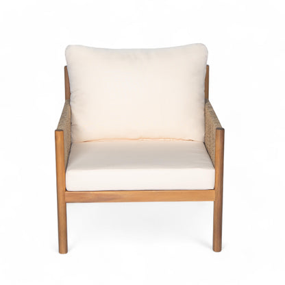 [Set of 2] Modern Outdoor Woven Lounge Chair with Solid Wood Frame and Comfortable Polyester Cushions, Perfect for Patio, Garden, or Balcony