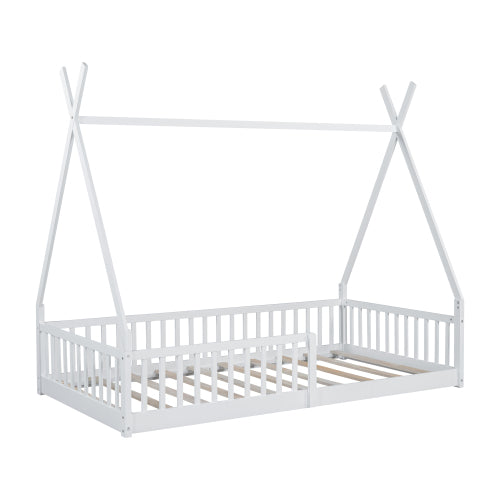 Twin Size Wood House Bed with Fence, White