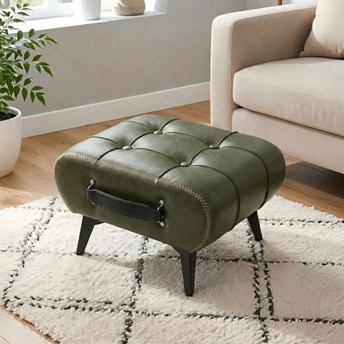 Tufted Faux Leather Rectangular Storage Ottoman with Handle, Metal Leg Multiuse Foot Stool for Entryway Apartment