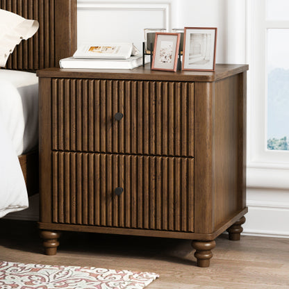 Fluted 3 Drawer Nightstand with Metal Handle, Walnut Mid Century Modern Bedside Table 21.65inch