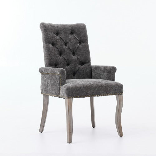 Upholstered Chenille Arm Dining Chair, Tufted Accent Chair with Curved Solid Wood Legs, Gray, Single Pack