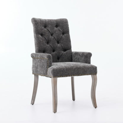 Upholstered Chenille Arm Dining Chair, Tufted Accent Chair with Curved Solid Wood Legs, Gray, Single Pack