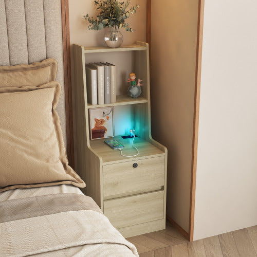 Nightstand with Charging Station, Smart Nightstand with Night Light, Modern Night Stand with Bookshelf, Bedside Tables with Storage Cabinet for Bedroom, Wood
