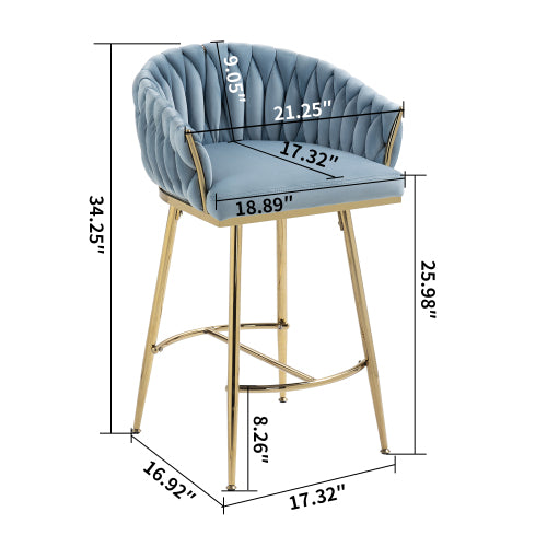 26inch  Counter height bar stools Set of 2 kitchen island counter bar stool with hand- wave back, golden chromed base and footrest(BLUE)