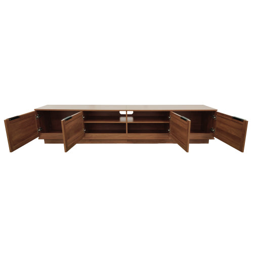 78.74 inch Walnut 4 Door PE Rattan Legless TV Stand Large Hidden Storage Media Console For 85 inch TV