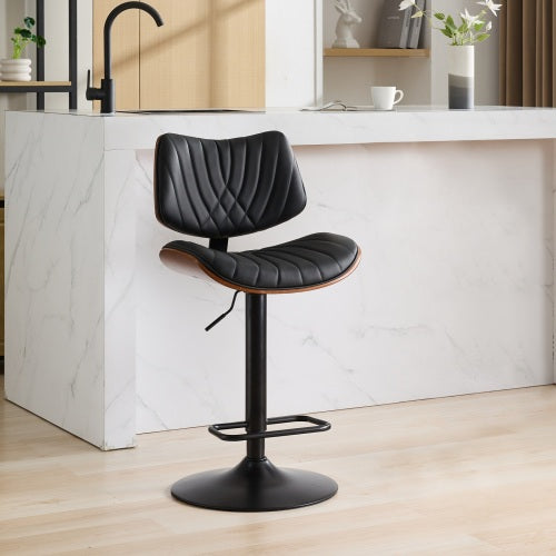 Walnut Bentwood Bar Stools Mid Century Modern Adjustable Counter Height Black Leather Upholstered 360¡ãSwivel Bar Chairs for Kitchen Island/Dining Room/Cafe, 1 chair/1carton,Black