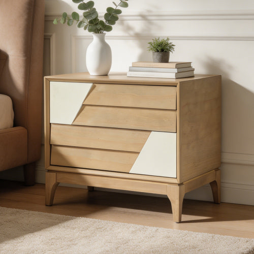 Natural & Cream White Japandi Nightstand, 2-Drawer Angled Patchwork Side Table with Tapered Legs