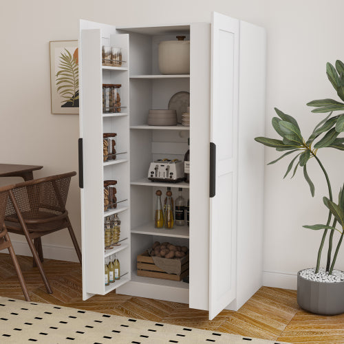 62.99 Inch White Freestanding Kitchen Pantry Cabinet Multi-Layer Partition Melamine Finish Household Storage Sideboard