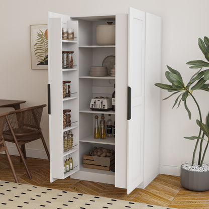 62.99 Inch White Freestanding Kitchen Pantry Cabinet Multi-Layer Partition Melamine Finish Household Storage Sideboard
